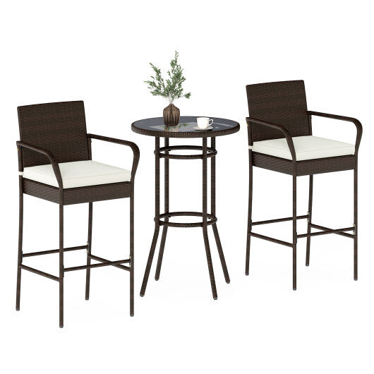 Patio Rattan Bar Height Table and Chairs with 2 Seat Cushions for Porch-White LuxuryLifeWay Online Store