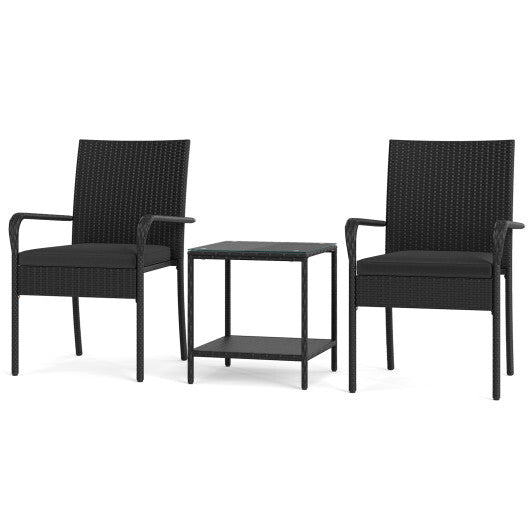 3 Piece Patio Furniture Set with Seat Cushions and Tempered Glass Tabletop-Black LuxuryLifeWay Online Store