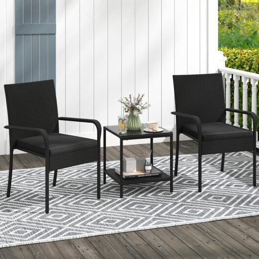 3 Piece Patio Furniture Set with Seat Cushions and Tempered Glass Tabletop-Black LuxuryLifeWay Online Store