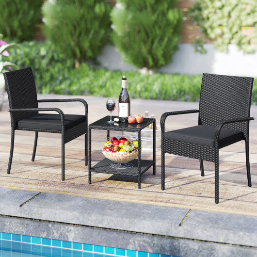 3 Piece Patio Furniture Set with Seat Cushions and Tempered Glass Tabletop-Black LuxuryLifeWay Online Store