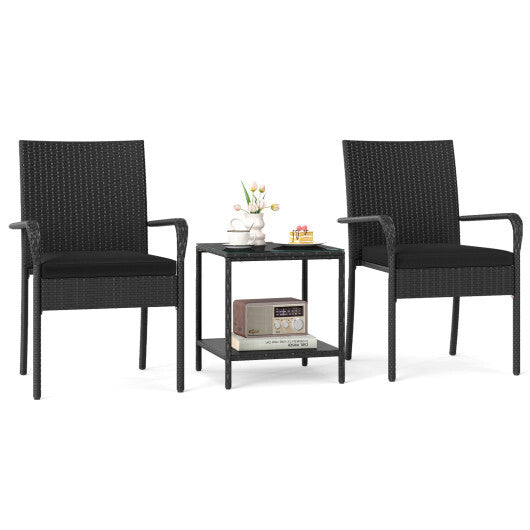 3 Piece Patio Furniture Set with Seat Cushions and Tempered Glass Tabletop-Black LuxuryLifeWay Online Store