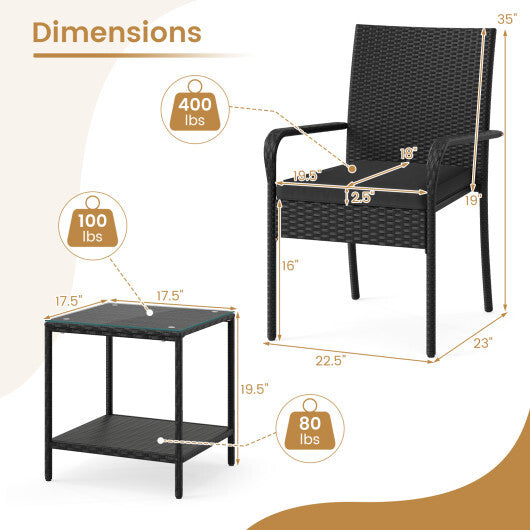 3 Piece Patio Furniture Set with Seat Cushions and Tempered Glass Tabletop-Black LuxuryLifeWay Online Store