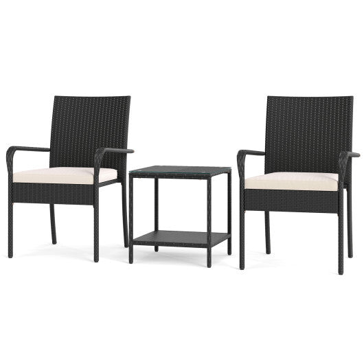 3 Piece Patio Furniture Set with Seat Cushions and Tempered Glass Tabletop-Black LuxuryLifeWay Online Store