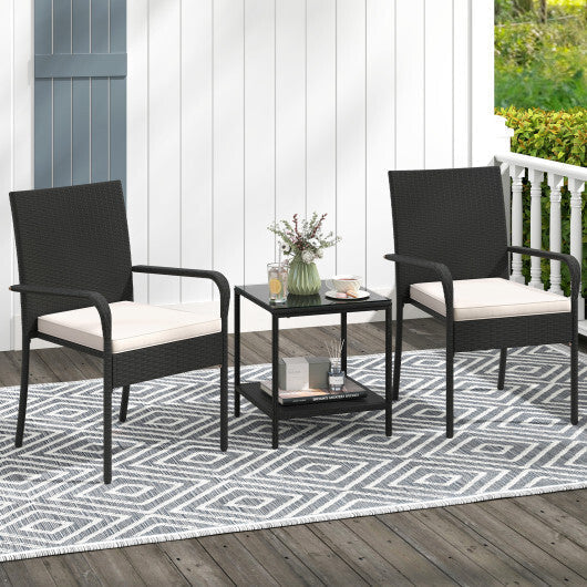 3 Piece Patio Furniture Set with Seat Cushions and Tempered Glass Tabletop-Black LuxuryLifeWay Online Store