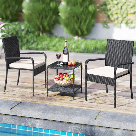 3 Piece Patio Furniture Set with Seat Cushions and Tempered Glass Tabletop-Black LuxuryLifeWay Online Store