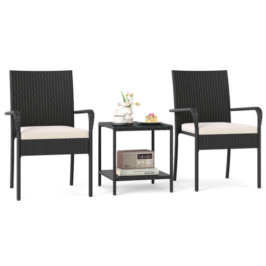 3 Piece Patio Furniture Set with Seat Cushions and Tempered Glass Tabletop-Black LuxuryLifeWay Online Store