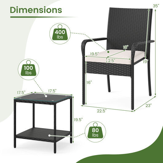 3 Piece Patio Furniture Set with Seat Cushions and Tempered Glass Tabletop-Black LuxuryLifeWay Online Store
