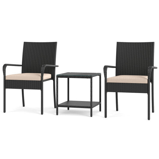 3 Piece Patio Furniture Set with Seat Cushions and Tempered Glass Tabletop-Black LuxuryLifeWay Online Store