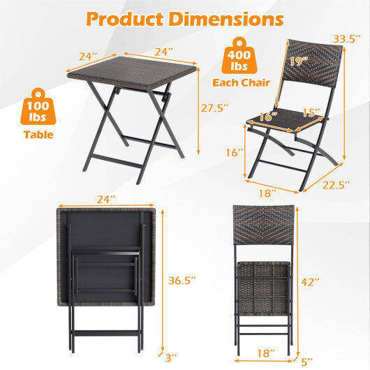 3 Piece Rattan Bistro Set Outdoor Folding Dining Table and Chairs with Wicker Seat LuxuryLifeWay Online Store