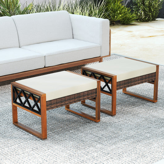 PE Rattan Wicker Ottomans Set of 2 with Removable Cushions-Beige LuxuryLifeWay Online Store