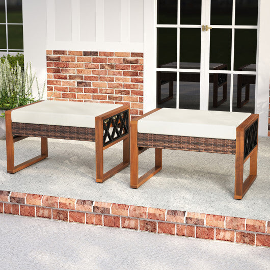 PE Rattan Wicker Ottomans Set of 2 with Removable Cushions-Beige LuxuryLifeWay Online Store