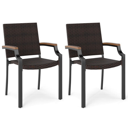 Stacking Wicker Chairs Set of 2 Patio Rattan Dining Chairs with Acacia Wood Armrests LuxuryLifeWay Online Store