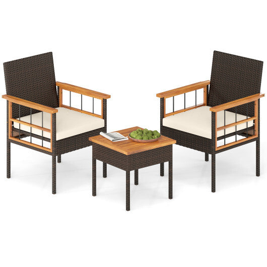 3 Piece Wicker Furniture Set with Acacia Wood Tabletop and Armrest for Balcony-White LuxuryLifeWay Online Store