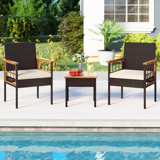 3 Piece Wicker Furniture Set with Acacia Wood Tabletop and Armrest for Balcony-White LuxuryLifeWay Online Store