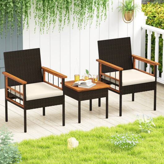 3 Piece Wicker Furniture Set with Acacia Wood Tabletop and Armrest for Balcony-White LuxuryLifeWay Online Store