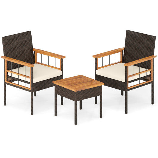 3 Piece Wicker Furniture Set with Acacia Wood Tabletop and Armrest for Balcony-White LuxuryLifeWay Online Store
