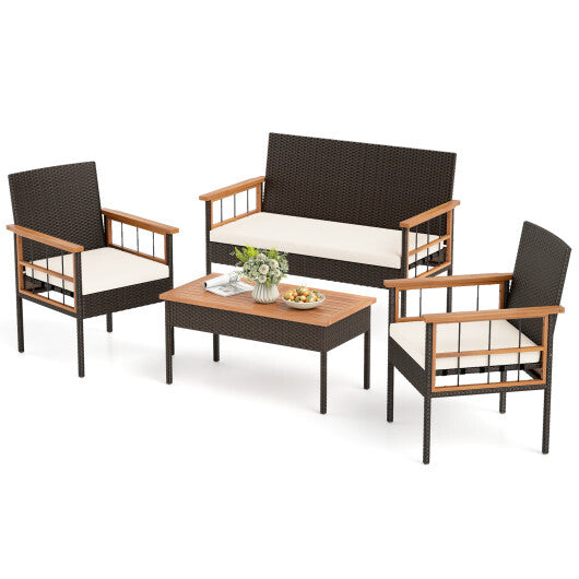 4 Pieces Wicker Furniture Set with Acacia Wood Tabletop and Armrests for Porch-White LuxuryLifeWay Online Store