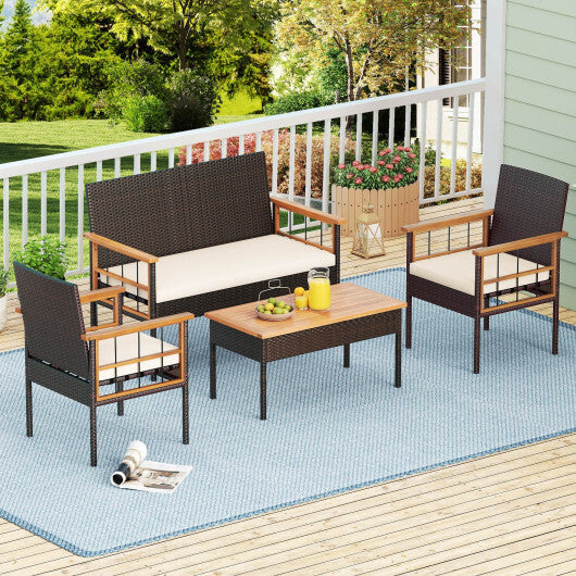 4 Pieces Wicker Furniture Set with Acacia Wood Tabletop and Armrests for Porch-White LuxuryLifeWay Online Store