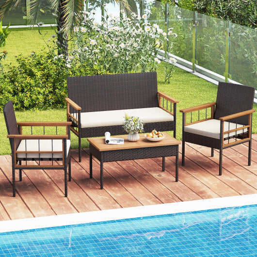 4 Pieces Wicker Furniture Set with Acacia Wood Tabletop and Armrests for Porch-White LuxuryLifeWay Online Store