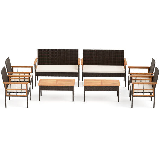 4 Pieces Wicker Furniture Set with Acacia Wood Tabletop and Armrests for Porch-White LuxuryLifeWay Online Store
