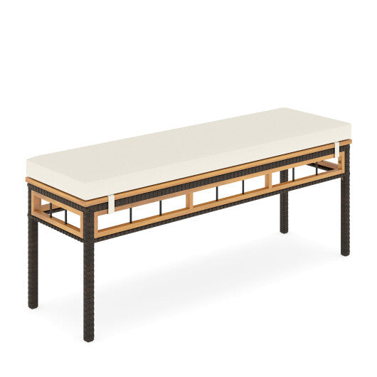 Wicker Patio Bench for 2 People 48invh Long Backless Dining Bench with Acacia Wood Seat-White LuxuryLifeWay Online Store