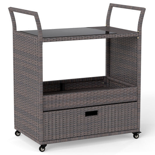 Outdoor Wicker Bar Cart Table with Tempered Glass Top LuxuryLifeWay Online Store