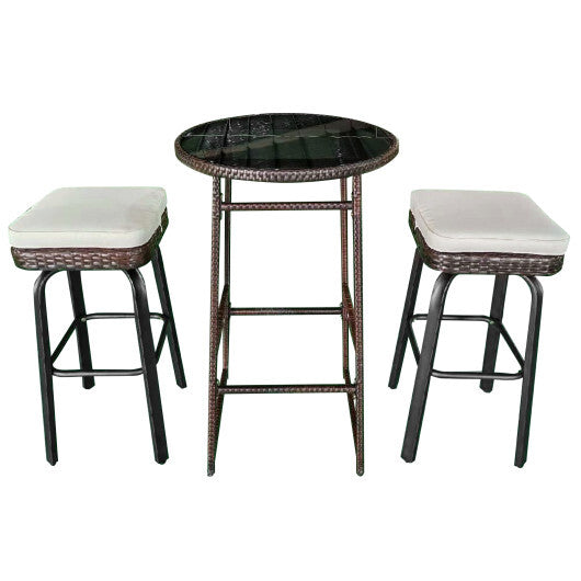 3 Pieces Outdoor Swivel Bar Set PE Rattan Bar Height Table with 2 Chairs-White LuxuryLifeWay Online Store