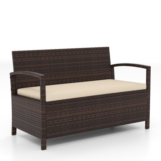 Outdoor PE Wicker Storage Bench 2 Seater with Cushion and 42 Gallon Deck Box-Beige LuxuryLifeWay Online Store