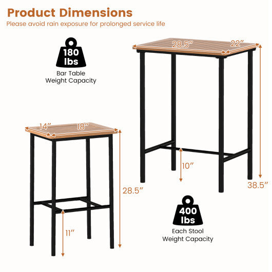 3 Pieces Acacia Wood Patio Bar Set Rectangular Table with Metal Frame LuxuryLifeWay Online Store
