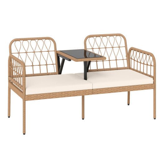 2-Seat PE Rattan Outdoor Loveseat with Built-in Coffee Table and Soft Cushions-White LuxuryLifeWay Online Store