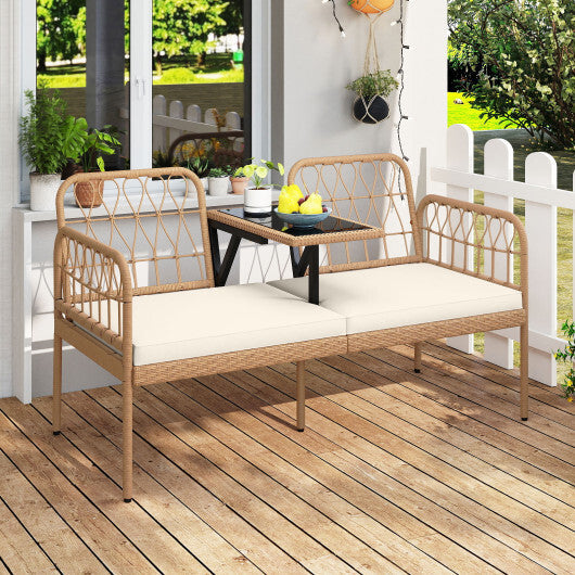 2-Seat PE Rattan Outdoor Loveseat with Built-in Coffee Table and Soft Cushions-White LuxuryLifeWay Online Store