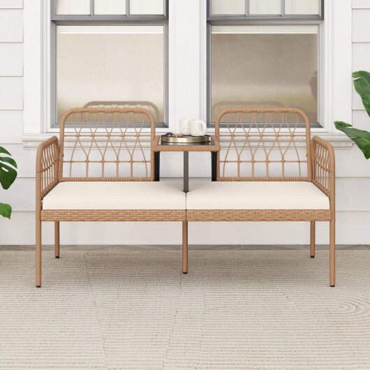 2-Seat PE Rattan Outdoor Loveseat with Built-in Coffee Table and Soft Cushions-White LuxuryLifeWay Online Store
