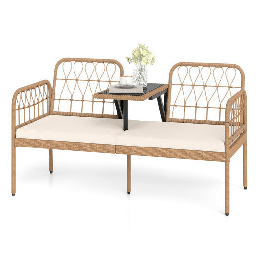 2-Seat PE Rattan Outdoor Loveseat with Built-in Coffee Table and Soft Cushions-White LuxuryLifeWay Online Store