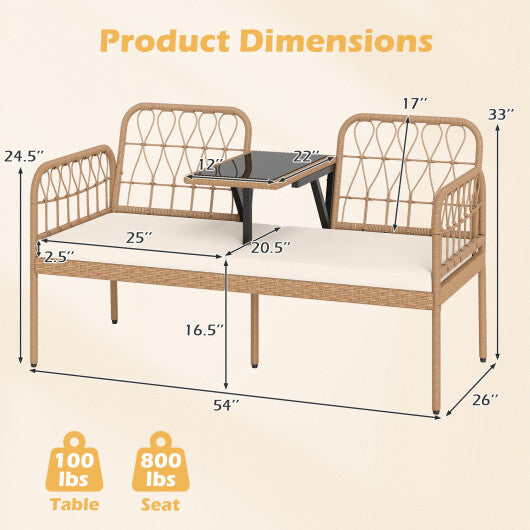2-Seat PE Rattan Outdoor Loveseat with Built-in Coffee Table and Soft Cushions-White LuxuryLifeWay Online Store