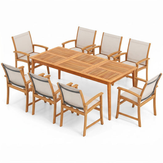 9-Piece Acacia Wood Outdoor Patio Dining Set with 80" Rectangular Table and Breathable Fabric Armchairs-Yellow LuxuryLifeWay Online Store