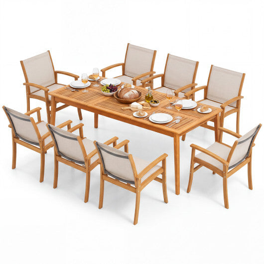 9-Piece Acacia Wood Outdoor Patio Dining Set with 80" Rectangular Table and Breathable Fabric Armchairs-Yellow LuxuryLifeWay Online Store