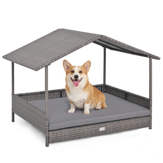 Wicker Dog House Elevated PE Rattan Dog Bed with Canopy-Gray LuxuryLifeWay Online Store