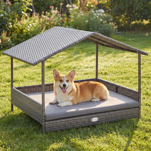 Wicker Dog House Elevated PE Rattan Dog Bed with Canopy-Gray LuxuryLifeWay Online Store