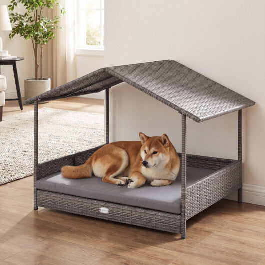 Wicker Dog House Elevated PE Rattan Dog Bed with Canopy-Gray LuxuryLifeWay Online Store