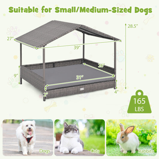 Wicker Dog House Elevated PE Rattan Dog Bed with Canopy-Gray LuxuryLifeWay Online Store