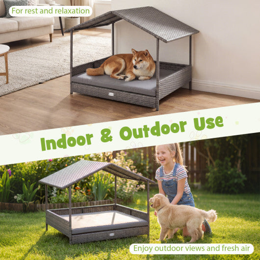 Wicker Dog House Elevated PE Rattan Dog Bed with Canopy-Gray LuxuryLifeWay Online Store