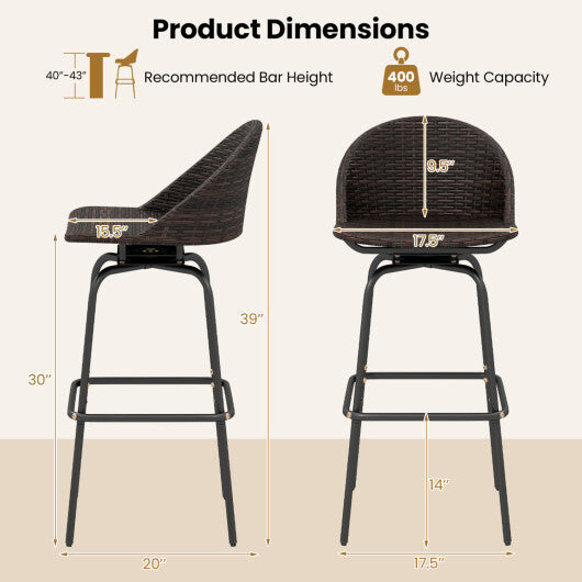 Set of 2 Patio Swivel Bar Stools with Rattan Seat 400 LBS for Garden-Brown LuxuryLifeWay Online Store