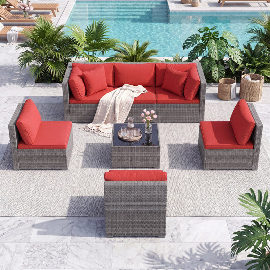 7-Piece PE Rattan Patio Set with Glass Table & Soft Cushions for Outdoor-Red LuxuryLifeWay Online Store