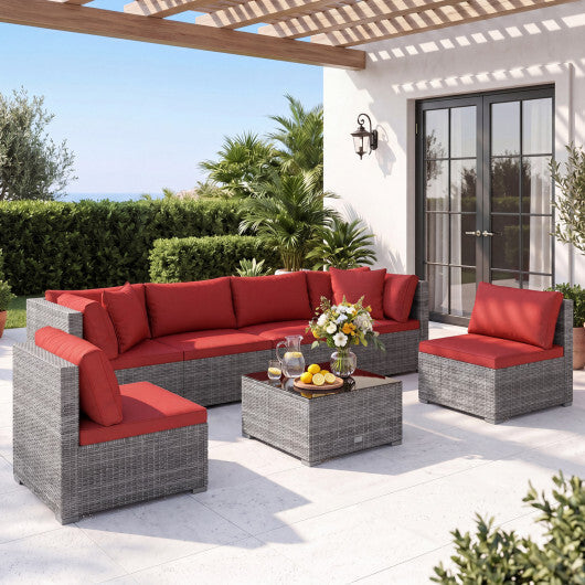 7-Piece PE Rattan Patio Set with Glass Table & Soft Cushions for Outdoor-Red LuxuryLifeWay Online Store