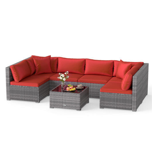 7-Piece PE Rattan Patio Set with Glass Table & Soft Cushions for Outdoor-Red LuxuryLifeWay Online Store
