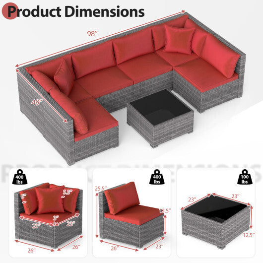 7-Piece PE Rattan Patio Set with Glass Table & Soft Cushions for Outdoor-Red LuxuryLifeWay Online Store