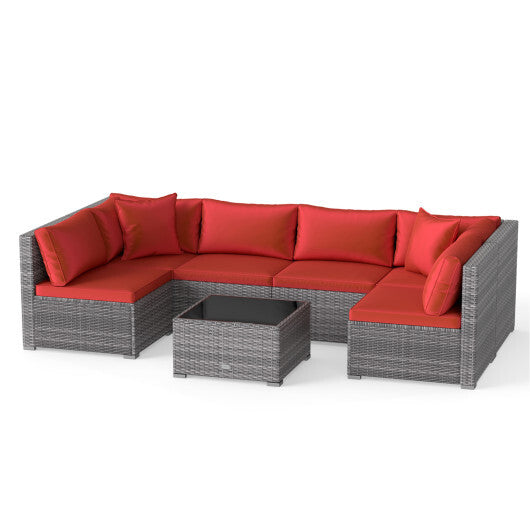 7-Piece PE Rattan Patio Set with Glass Table & Soft Cushions for Outdoor-Red LuxuryLifeWay Online Store