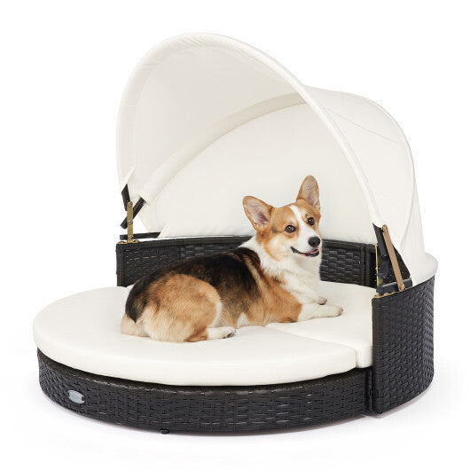 Wicker Dog House with Retractable Canopy & Removable Cushion for Small Medium Dogs-White LuxuryLifeWay Online Store