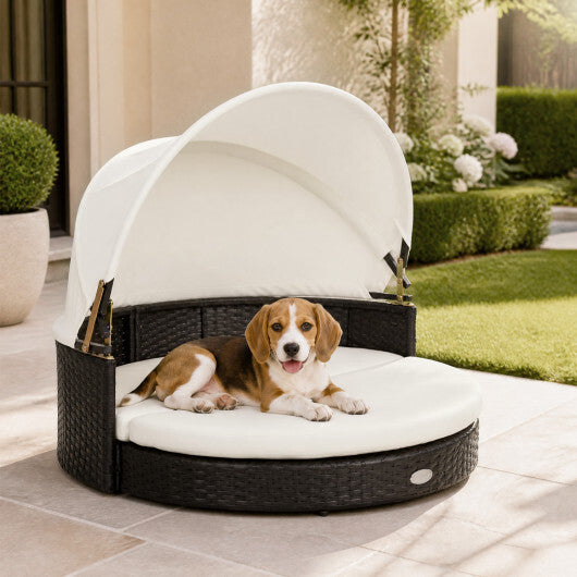 Wicker Dog House with Retractable Canopy & Removable Cushion for Small Medium Dogs-White LuxuryLifeWay Online Store