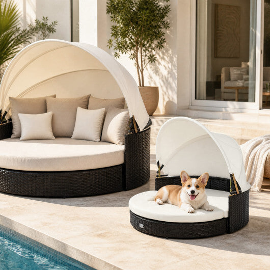 Wicker Dog House with Retractable Canopy & Removable Cushion for Small Medium Dogs-White LuxuryLifeWay Online Store